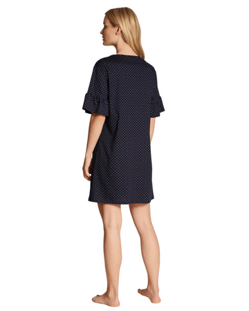 Calida 30539 #339 Dark Lapis Blue Dots Ruffled Short Sleeve 100% Cotton Nightshirt myselflingerie.com